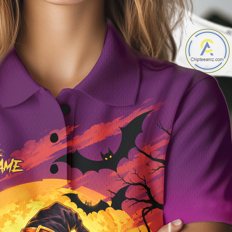 Halloween Black Cat Golf Polo Shirt Custom Team Name Spooky Halloween Golf Apparel