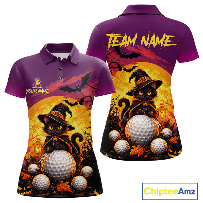Halloween Black Cat Golf Polo Shirt Custom Team Name Spooky Halloween Golf Apparel