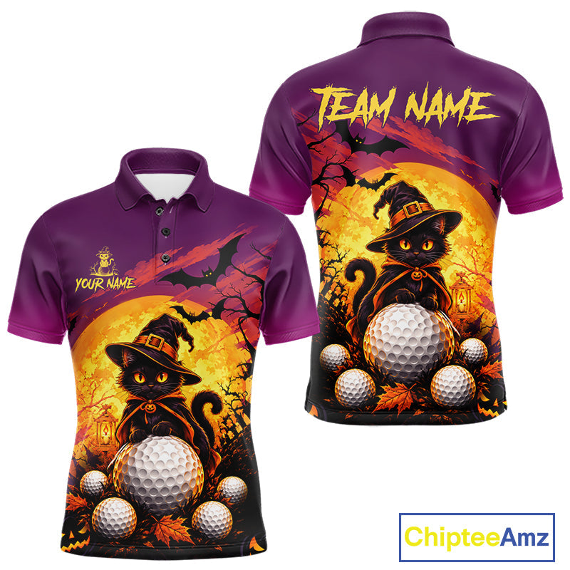 Halloween Black Cat Golf Polo Shirt Custom Team Name Spooky Halloween Golf Apparel