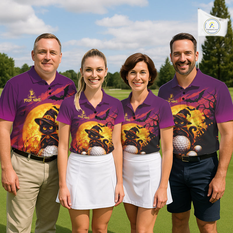Halloween Black Cat Golf Polo Shirt Custom Team Name Spooky Halloween Golf Apparel