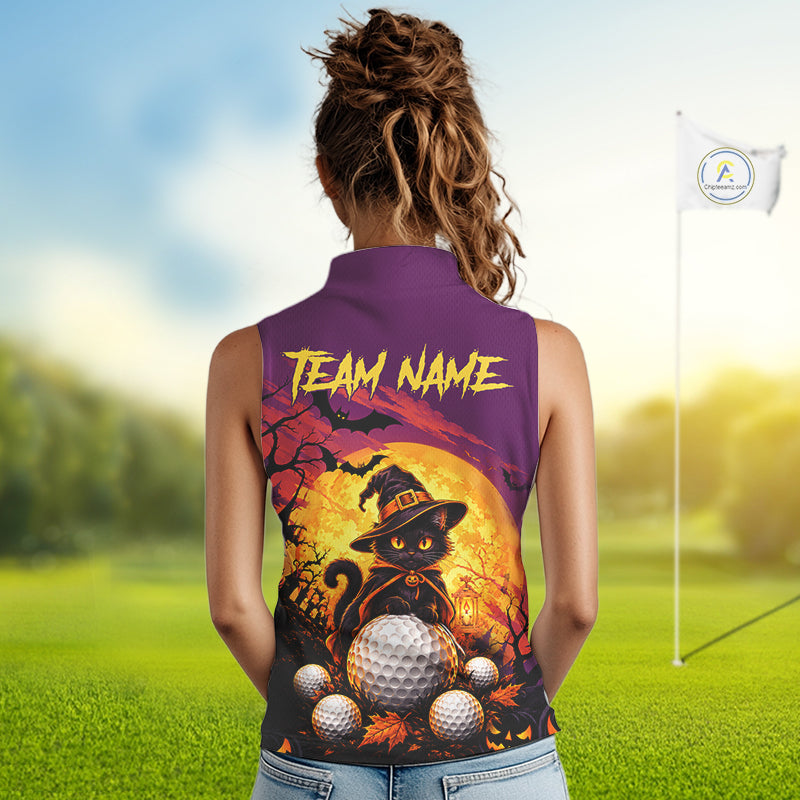 Halloween Black Cat Golf Sleeveless Polo Shirt Custom Team Name Spooky Halloween Golf Apparel