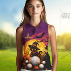 Halloween Black Cat Golf Sleeveless Polo Shirt Custom Team Name Spooky Halloween Golf Apparel