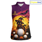 Halloween Black Cat Golf Sleeveless Polo Shirt Custom Team Name Spooky Halloween Golf Apparel