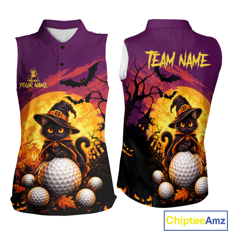 Halloween Black Cat Golf Sleeveless Polo Shirt Custom Team Name Spooky Halloween Golf Apparel