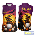 Halloween Black Cat Golf Sleeveless Polo Shirt Custom Team Name Spooky Halloween Golf Apparel