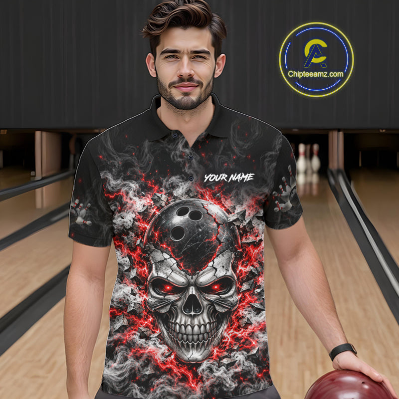 Personalized Red Thunder Skull Bowling Polo 1/4-Zip Custom Flaming Bowling Team Apparel