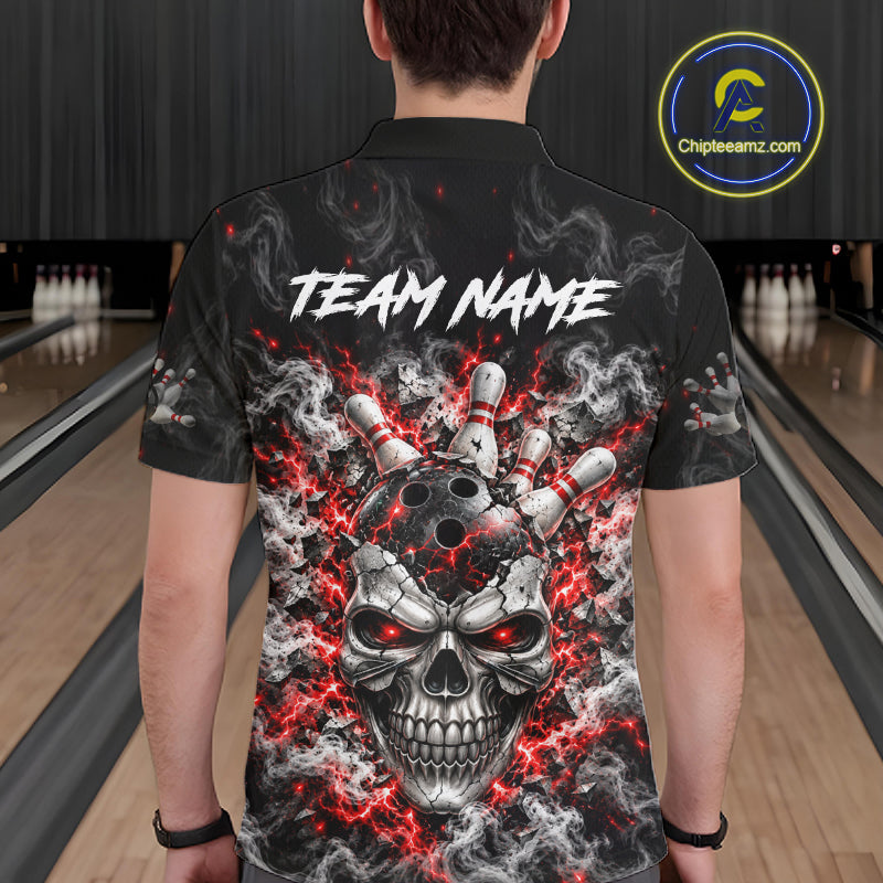 Personalized Red Thunder Skull Bowling Polo 1/4-Zip Custom Flaming Bowling Team Apparel