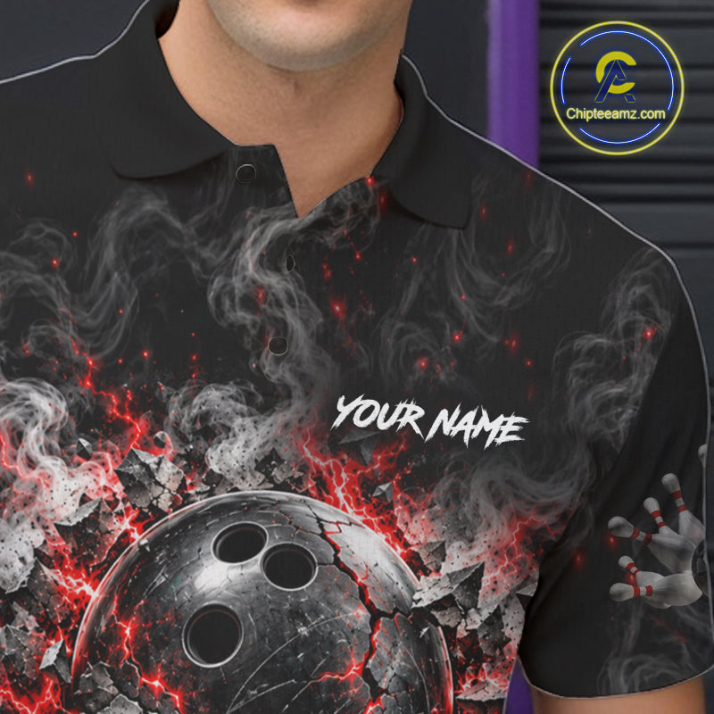 Personalized Red Thunder Skull Bowling Polo 1/4-Zip Custom Flaming Bowling Team Apparel