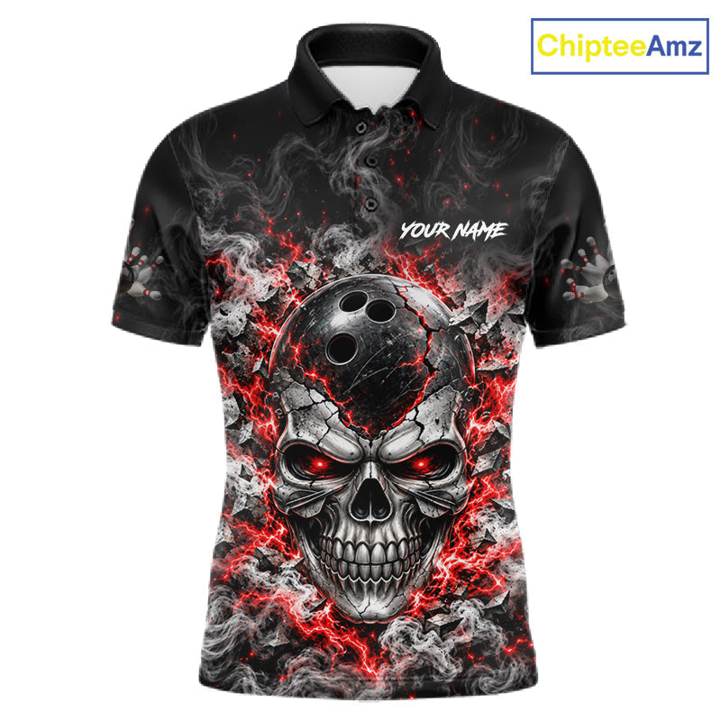 Personalized Red Thunder Skull Bowling Polo 1/4-Zip Custom Flaming Bowling Team Apparel