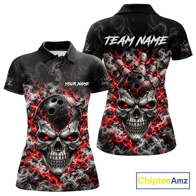 Personalized Red Thunder Skull Bowling Polo 1/4-Zip Custom Flaming Bowling Team Apparel
