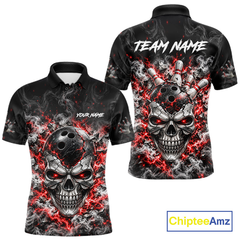 Personalized Red Thunder Skull Bowling Polo 1/4-Zip Custom Flaming Bowling Team Apparel