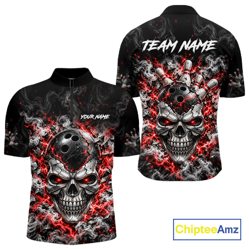 Personalized Red Thunder Skull Bowling Polo 1/4-Zip Custom Flaming Bowling Team Apparel