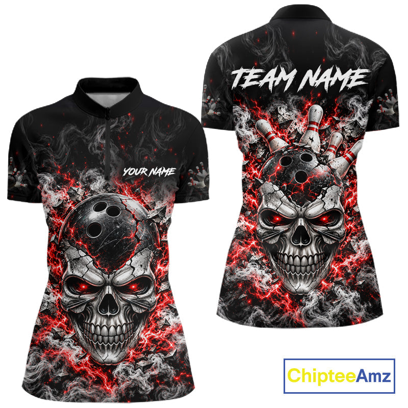 Personalized Red Thunder Skull Bowling Polo 1/4-Zip Custom Flaming Bowling Team Apparel