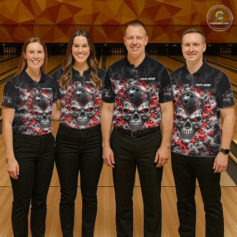Personalized Red Thunder Skull Bowling Polo 1/4-Zip Custom Flaming Bowling Team Apparel