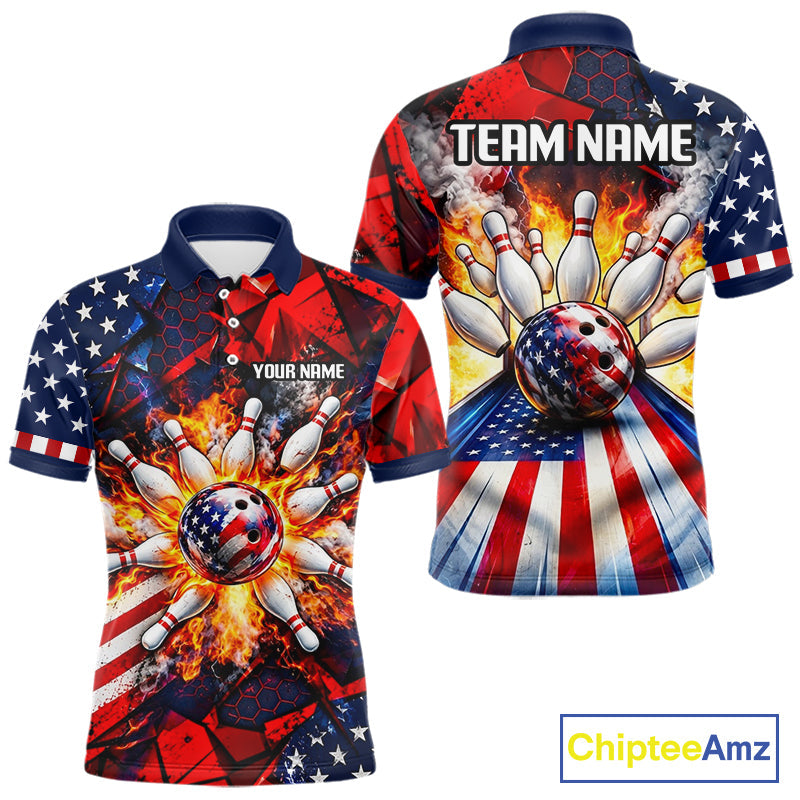 Personalized Patriotic Bowling Polo 1/4-Zip Custom American Flag Flaming Bowling Strike Apparel