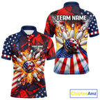 Personalized Patriotic Bowling Polo 1/4-Zip Custom American Flag Flaming Bowling Strike Apparel