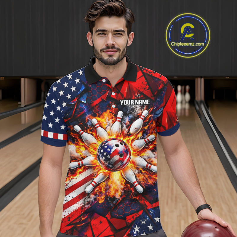 Personalized Patriotic Bowling Polo 1/4-Zip Custom American Flag Flaming Bowling Strike Apparel