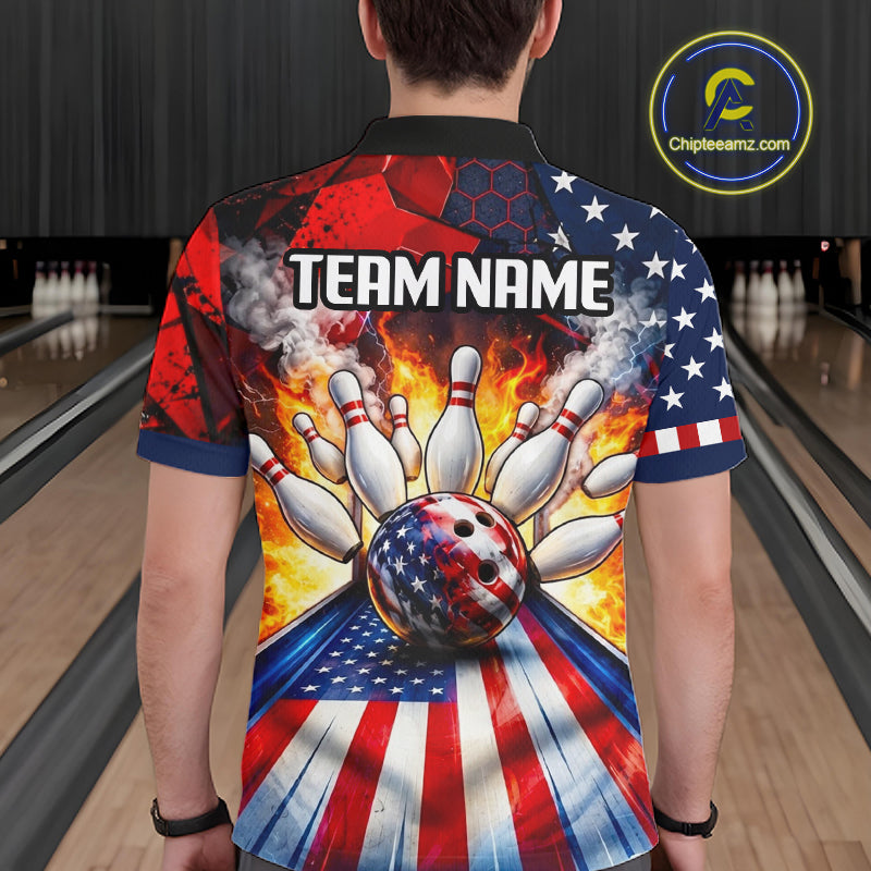 Personalized Patriotic Bowling Polo 1/4-Zip Custom American Flag Flaming Bowling Strike Apparel