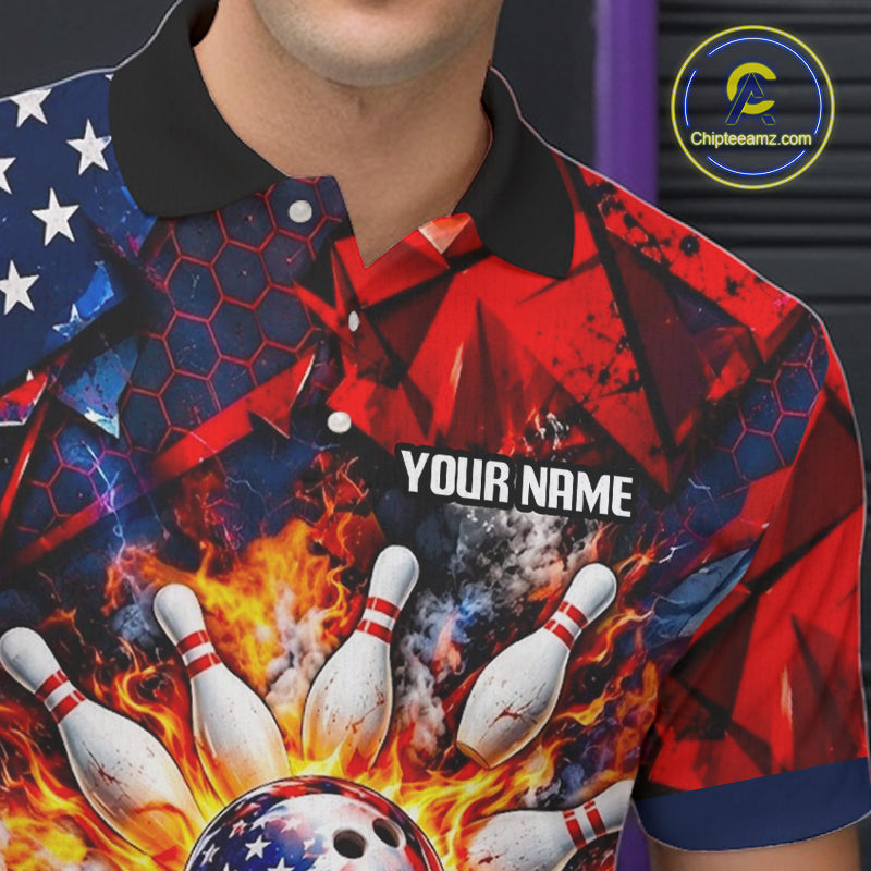 Personalized Patriotic Bowling Polo 1/4-Zip Custom American Flag Flaming Bowling Strike Apparel