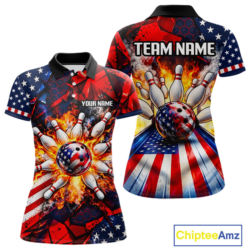 Personalized Patriotic Bowling Polo 1/4-Zip Custom American Flag Flaming Bowling Strike Apparel