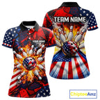 Personalized Patriotic Bowling Polo 1/4-Zip Custom American Flag Flaming Bowling Strike Apparel