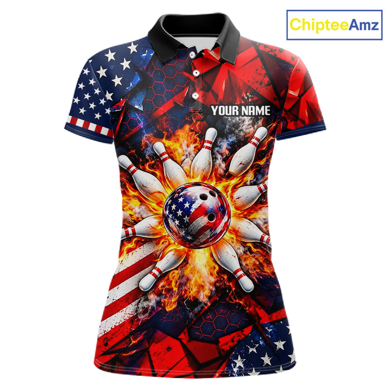Personalized Patriotic Bowling Polo 1/4-Zip Custom American Flag Flaming Bowling Strike Apparel