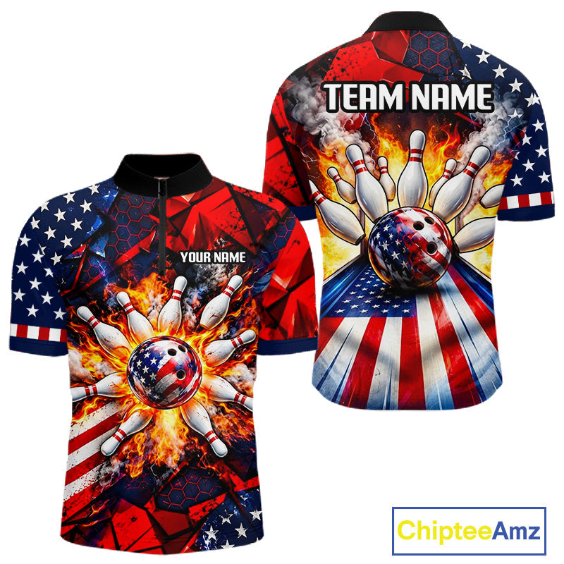 Personalized Patriotic Bowling Polo 1/4-Zip Custom American Flag Flaming Bowling Strike Apparel