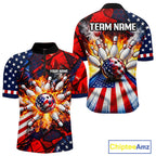 Personalized Patriotic Bowling Polo 1/4-Zip Custom American Flag Flaming Bowling Strike Apparel