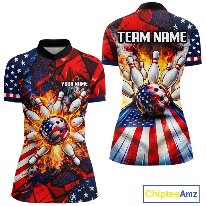 Personalized Patriotic Bowling Polo 1/4-Zip Custom American Flag Flaming Bowling Strike Apparel