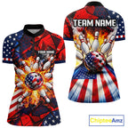 Personalized Patriotic Bowling Polo 1/4-Zip Custom American Flag Flaming Bowling Strike Apparel