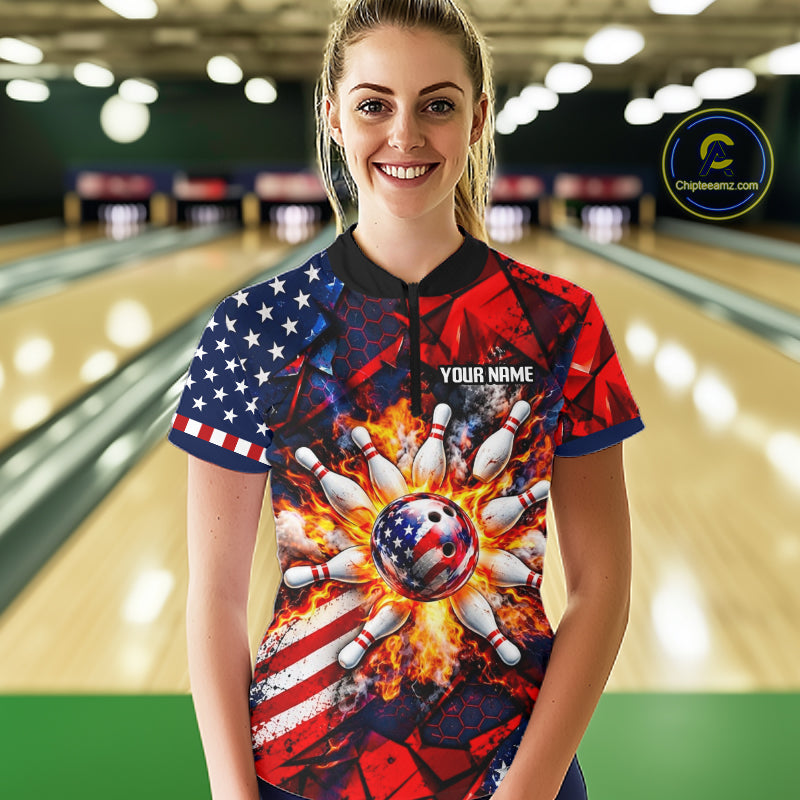 Personalized Patriotic Bowling Polo 1/4-Zip Custom American Flag Flaming Bowling Strike Apparel