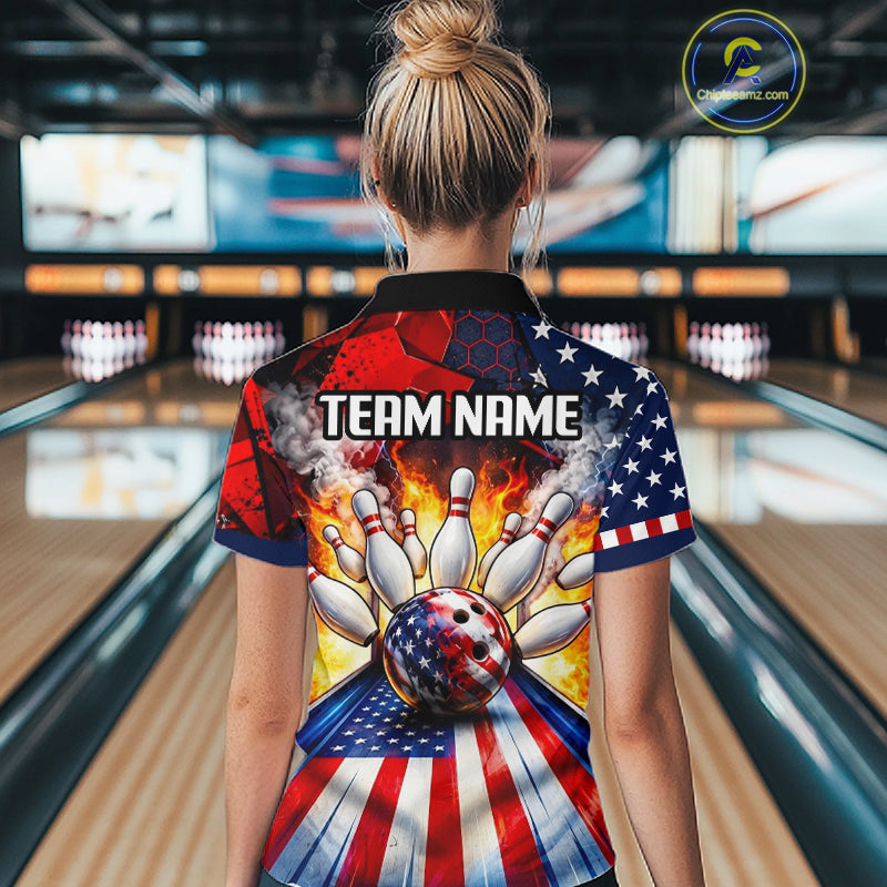 Personalized Patriotic Bowling Polo 1/4-Zip Custom American Flag Flaming Bowling Strike Apparel