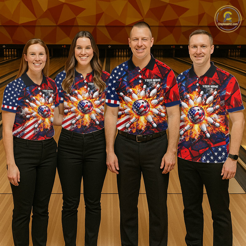Personalized Patriotic Bowling Polo 1/4-Zip Custom American Flag Flaming Bowling Strike Apparel
