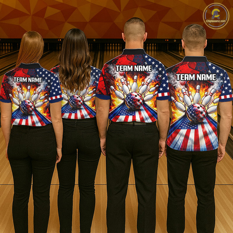 Personalized Patriotic Bowling Polo 1/4-Zip Custom American Flag Flaming Bowling Strike Apparel