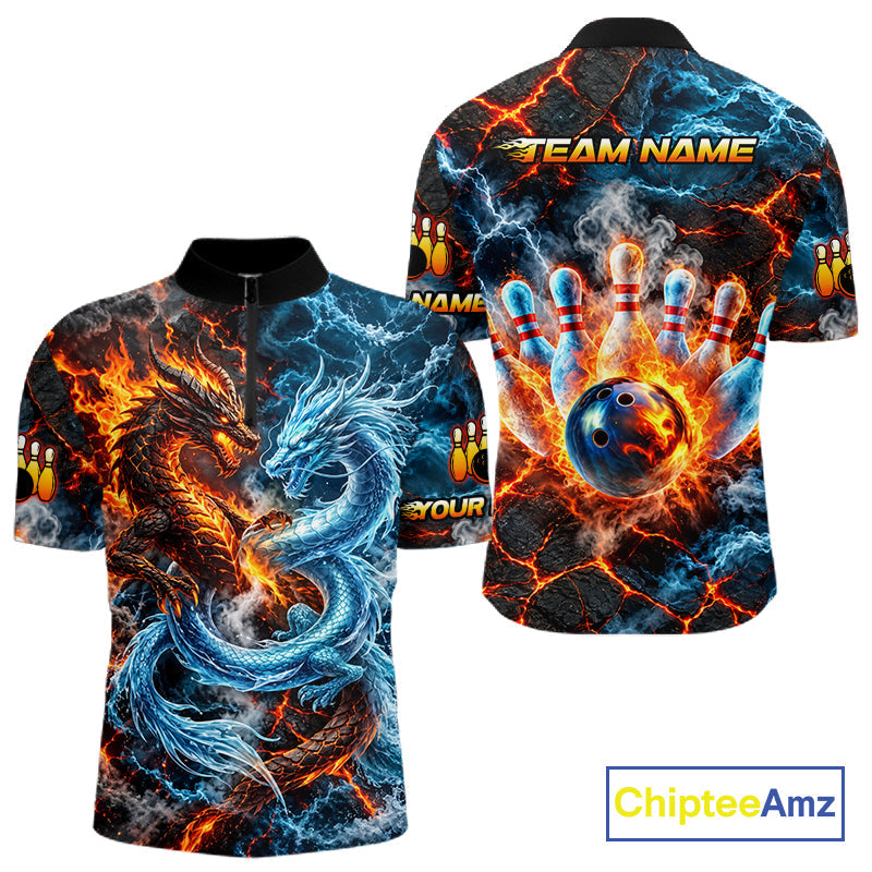 Dragon Bowling Polo 1/4-Zip Shirt Custom Fire Ice Dragon Bowling Jersey Bowling Tournament Gift