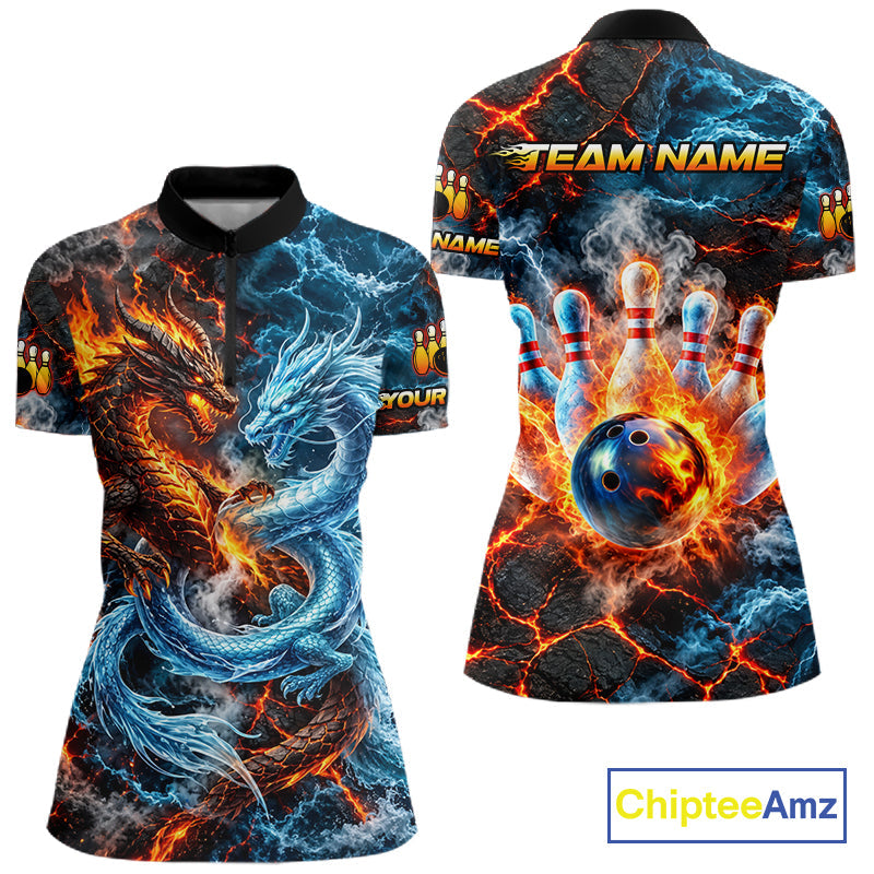 Dragon Bowling Polo 1/4-Zip Shirt Custom Fire Ice Dragon Bowling Jersey Bowling Tournament Gift