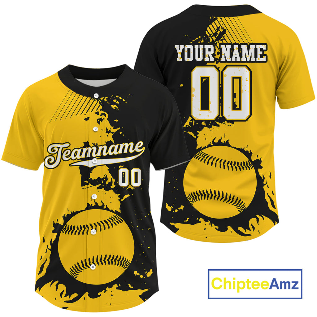Personalized Black Yellow Baseball Ball Shirt Grunge Baseball Jerseys Gifts