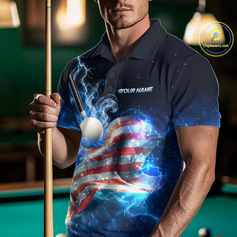 Electric Blue Lightning Billiard Polo 1/4-Zip Shirt Custom US Flag Pool Billiard Uniform