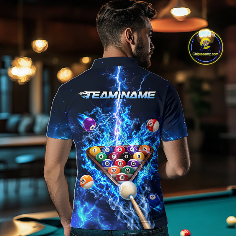 Electric Blue Lightning Billiard Polo 1/4-Zip Shirt Custom US Flag Pool Billiard Uniform