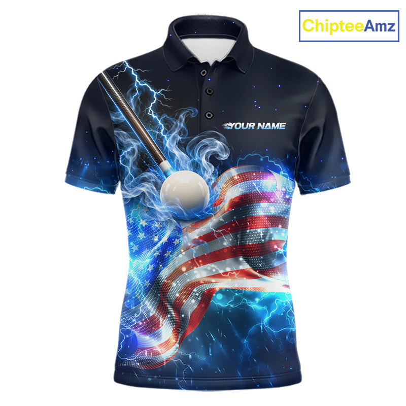 Electric Blue Lightning Billiard Polo 1/4-Zip Shirt Custom US Flag Pool Billiard Uniform