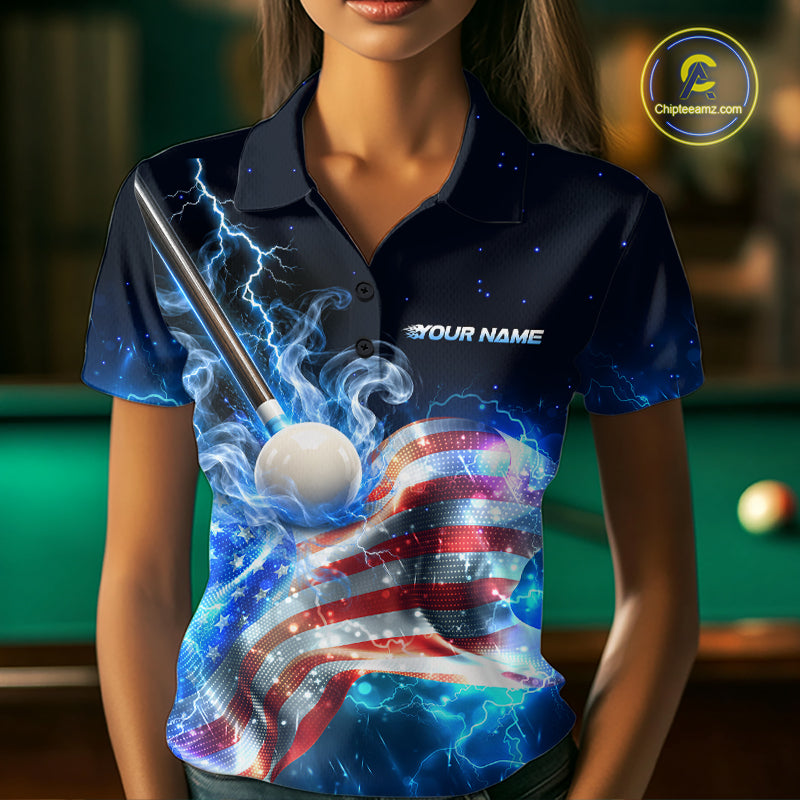 Electric Blue Lightning Billiard Polo 1/4-Zip Shirt Custom US Flag Pool Billiard Uniform