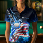 Electric Blue Lightning Billiard Polo 1/4-Zip Shirt Custom US Flag Pool Billiard Uniform