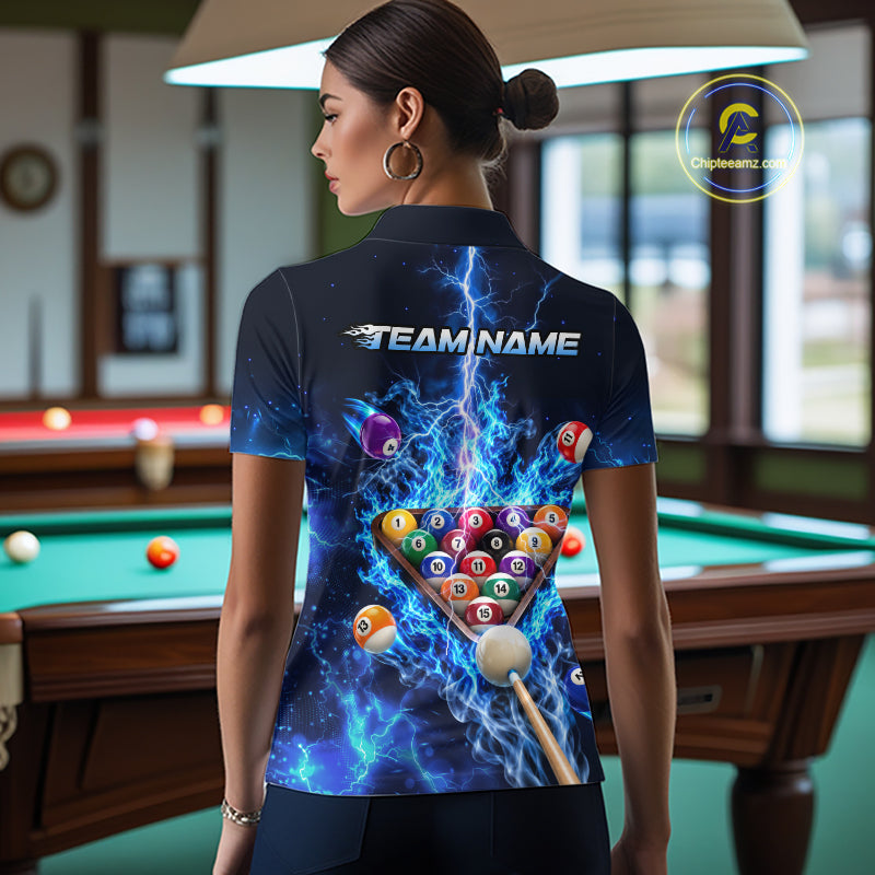 Electric Blue Lightning Billiard Polo 1/4-Zip Shirt Custom US Flag Pool Billiard Uniform