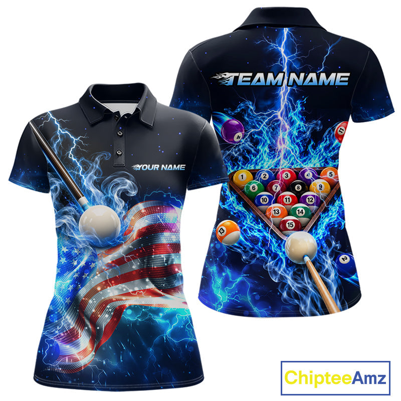 Electric Blue Lightning Billiard Polo 1/4-Zip Shirt Custom US Flag Pool Billiard Uniform