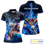 Electric Blue Lightning Billiard Polo 1/4-Zip Shirt Custom US Flag Pool Billiard Uniform