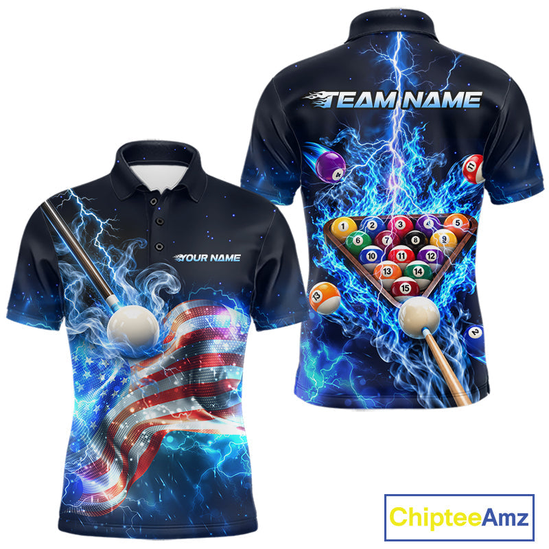 Electric Blue Lightning Billiard Polo 1/4-Zip Shirt Custom US Flag Pool Billiard Uniform
