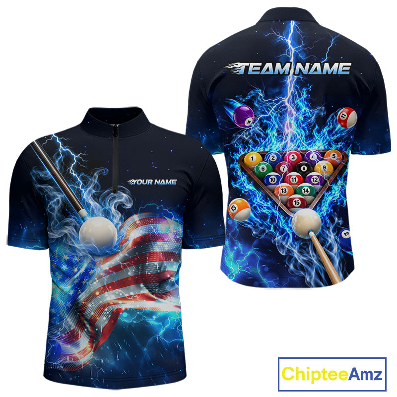 Electric Blue Lightning Billiard Polo 1/4-Zip Shirt Custom US Flag Pool Billiard Uniform