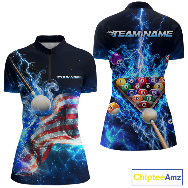 Electric Blue Lightning Billiard Polo 1/4-Zip Shirt Custom US Flag Pool Billiard Uniform