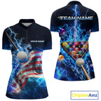 Electric Blue Lightning Billiard Polo 1/4-Zip Shirt Custom US Flag Pool Billiard Uniform