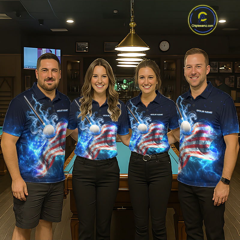 Electric Blue Lightning Billiard Polo 1/4-Zip Shirt Custom US Flag Pool Billiard Uniform